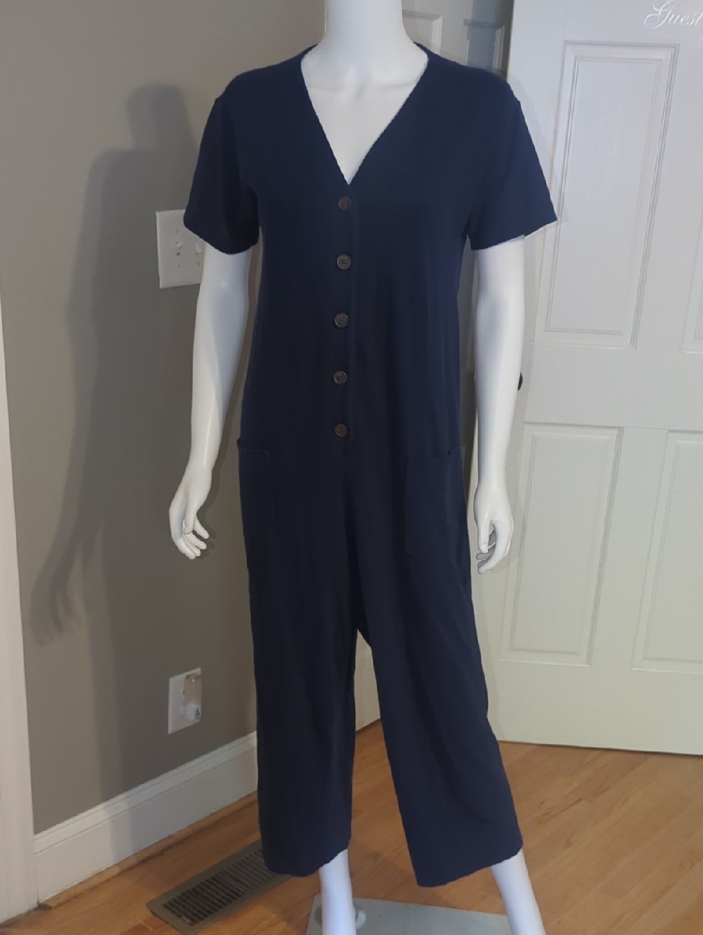 Old Navy Navy Short-Sleeve Button-Front Wide-Leg Jumpsuit
